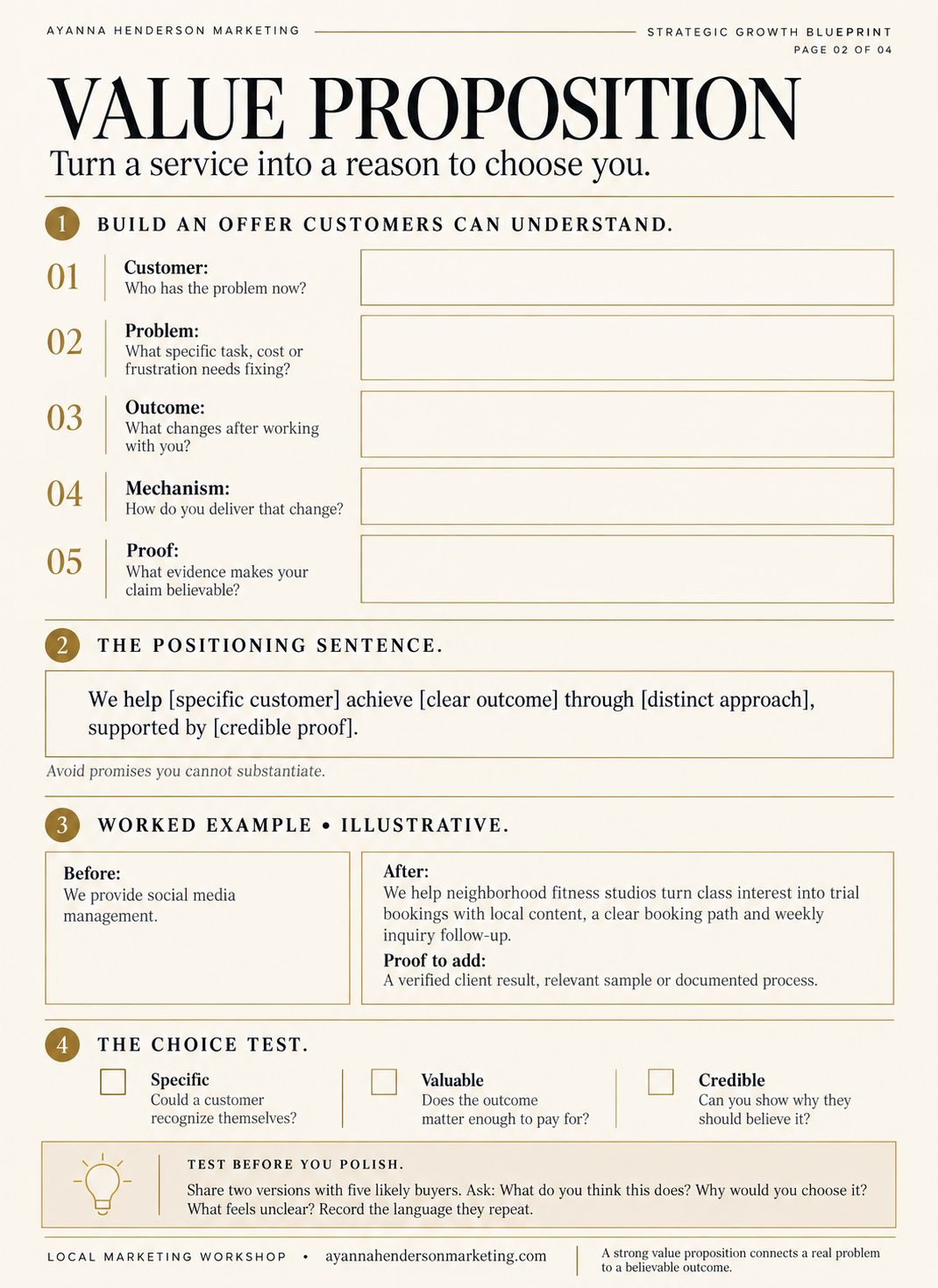 Strategic Growth Blueprint page 2: Value Proposition exercise for refining your core offer and competitive advantage