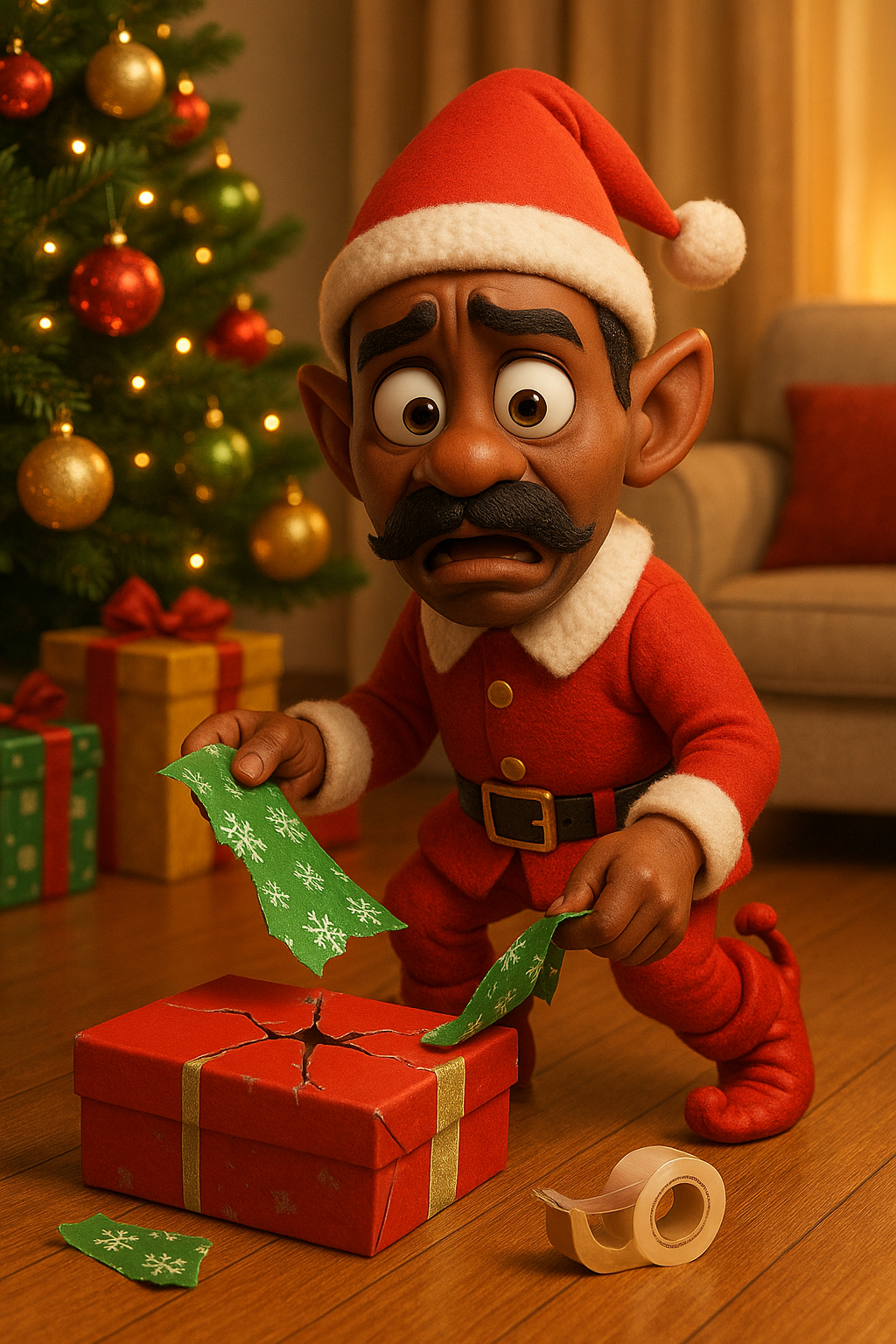 Bad Elf Day 11 — Elf breaking a gift and trying to tape it back